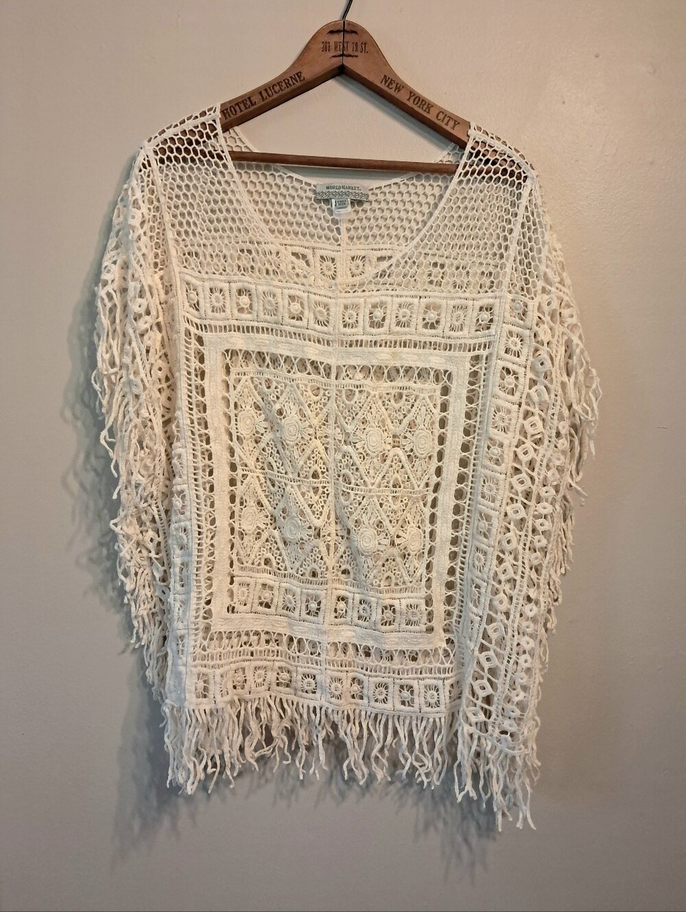 World Market Boho Crochet Fringe Sweater Free Size Festival Top - Cream